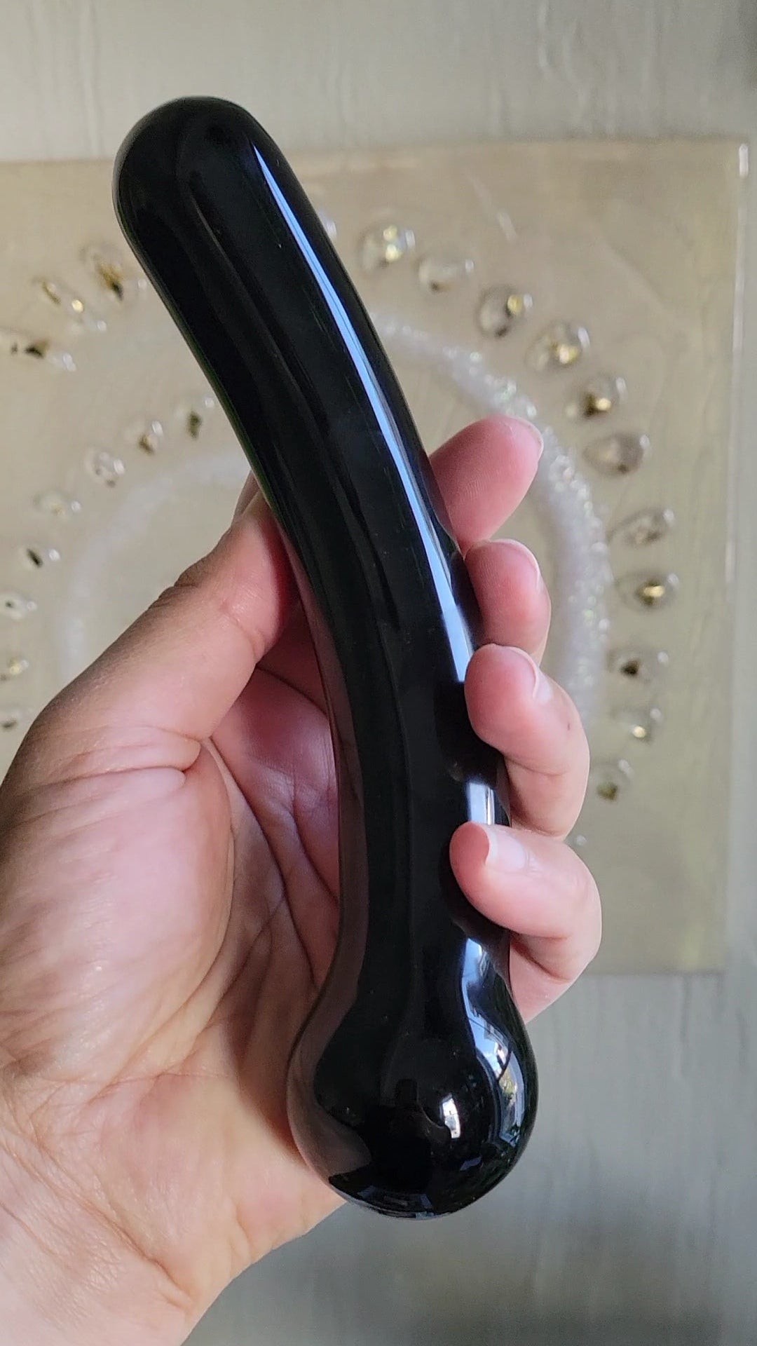 Curvy G Black Obsidian Crystal Wand – 7" Curved | Reiki-Infused | Goddess Wands
