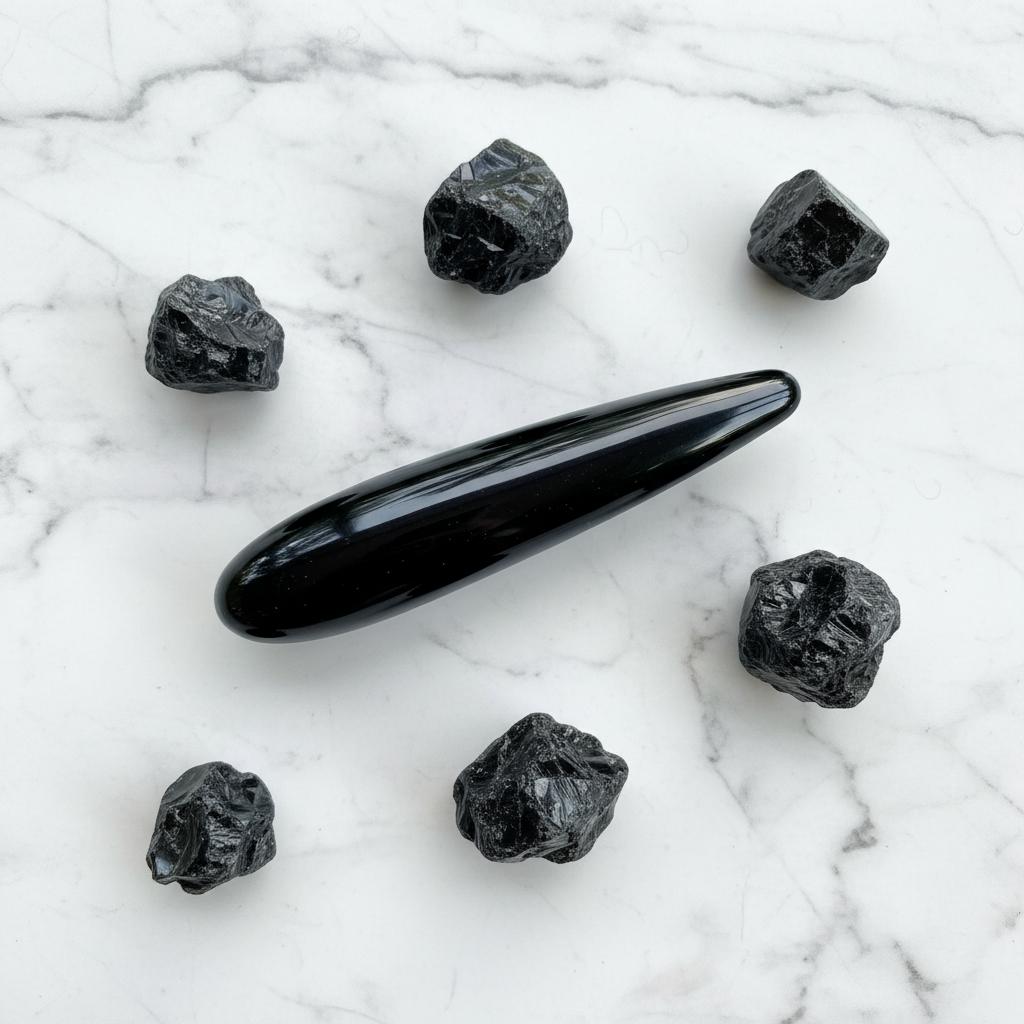 Black Obsidian 7" Goddess Wand — White Marble Refined