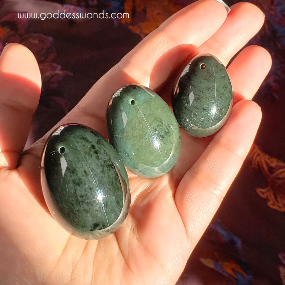 Genuine Nephrite Jade Egg Set – 3-Piece Graduated, Predrilled | Reiki-Infused | Goddess Wands