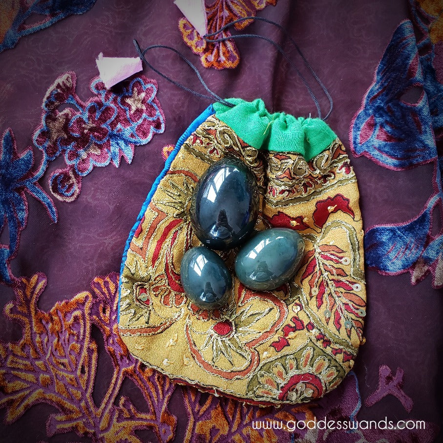 Genuine Nephrite Jade Egg Set – 3-Piece Graduated, Predrilled | Reiki-Infused | Goddess Wands