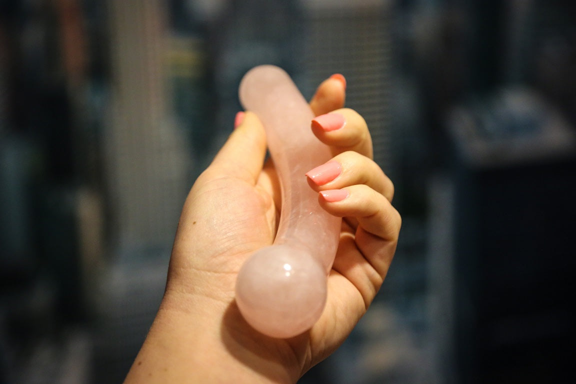 Curvy G Rose Quartz Crystal Wand – 7" Curved | Reiki-Infused | Goddess Wands